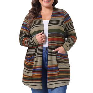 Plus Size Open Front Contrast Color Stripe with Pocket Cardigans Brown